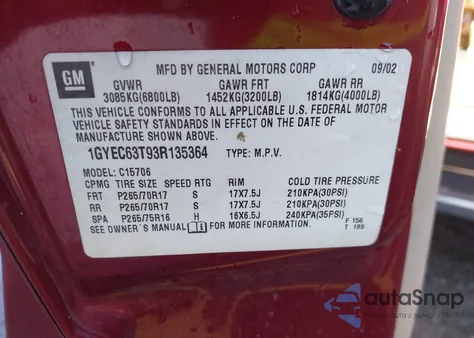 2003 Cadillac Escalade Standard из США, поврежденный, VIN 1GYEC63T93R135364